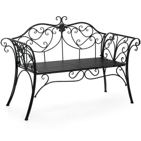 Best Choice Products 52in 2-Person Decorative Metal Iron Patio Garden Bench Outdoor Furniture for Front Porch, Backyard, Balcony, Deck w/ Elegant Scroll Details, Rolled Armrests -