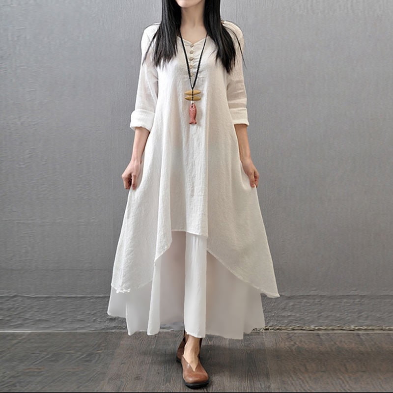 New Casual Loose Dress Solid Long Sleeve Boho Long Maxi Dress Walmart