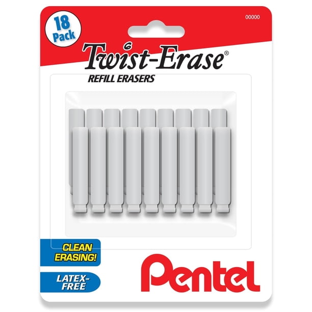 Gomas de borrar recargables Pentel Twist-Erase, paquete de 18 unidades, sin látex