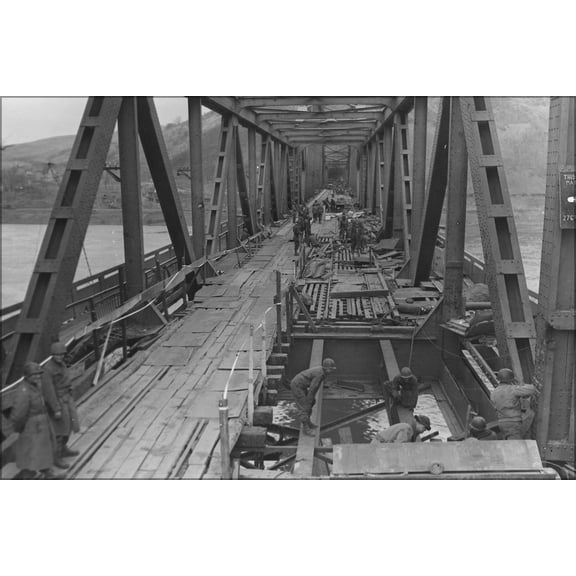 24"x36" Gallery Poster, WWII Europe Germany; U.S. First Army at Remagen Bridge before it collapsed into the Rhine March 17th 1945