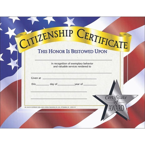 Flipside Citizenship Certificate - 11" x 8.50" - Laser Compatible - Assorted30 / Pack