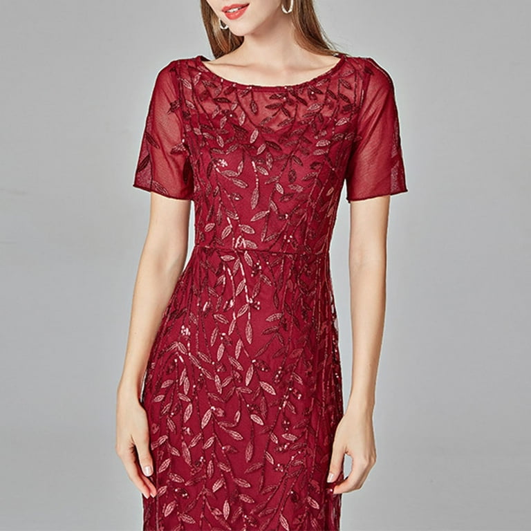 knee length dresses for ladies Mermaid High Neck Sequined Floor-Length Short Sleeve Appliques Lace Prom Dress