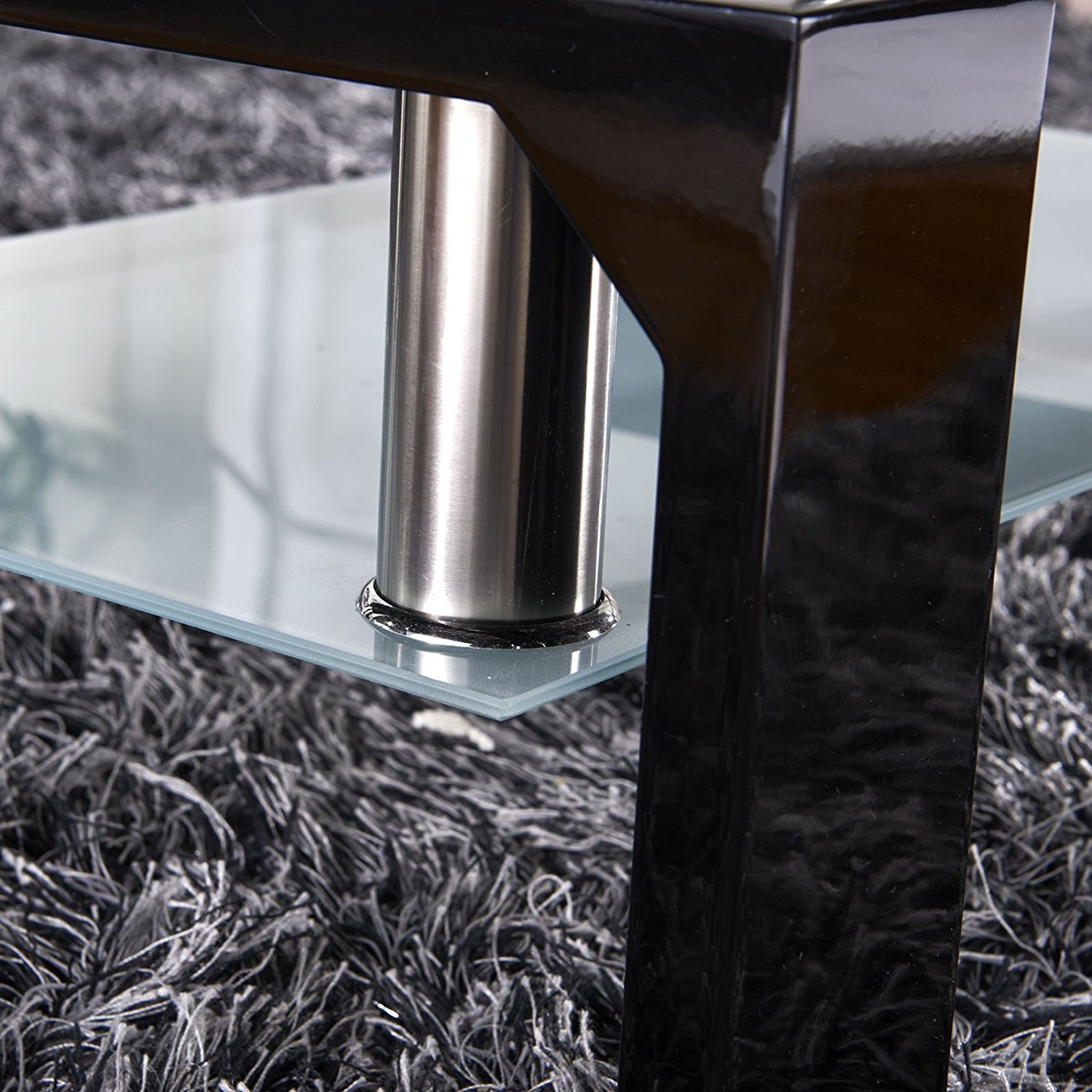 Uenjoy Rectangular Glass Coffee Table Shelf Chrome Black Wood Living Room Furniture, Black - image 5 of 8