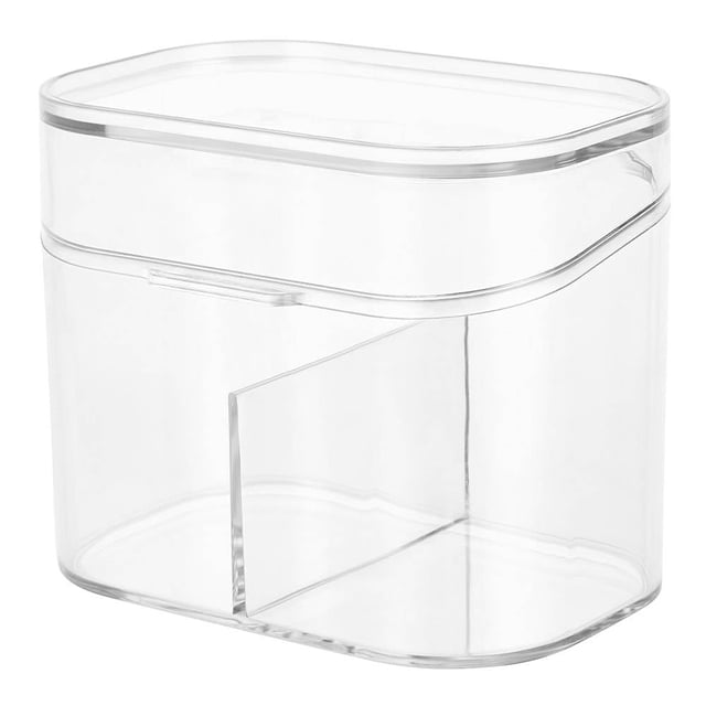 caja multiusos mainstays organizadora con tapa transparente Vista frontal de caja de plástico transparente con tapa superior y división interior vertical que crea dos compartimentos; esquinas redondeadas y acabado brillante, ideal para organización de despensa, cocina o clasificación de pequeños accesorios.