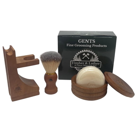GENTS Timber & Lather Shaving Gift Set for Men – Wooden Brush, Shave Bowl with Lid, Razor & Brush Stand, Cedar Pine Shea Soap