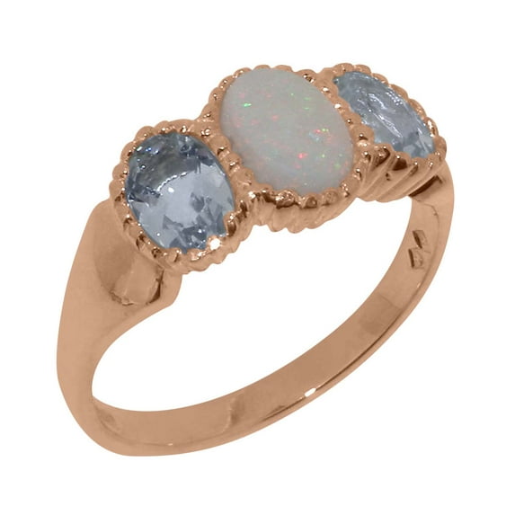 LBG British Made 9k Rose Gold Ring with Natural Opal & Aquamarine Womens Engagement Ring - 33 size options - Size 7.25