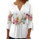 thumbnail image 3 of Top de manga 3/4 para mujer, estampado Floral con botones, cintura plisada, dobladillo suelto, camisa con cuello en V para mujer, Top para fiesta y trabajo, Blanco XXL, 3 of 6