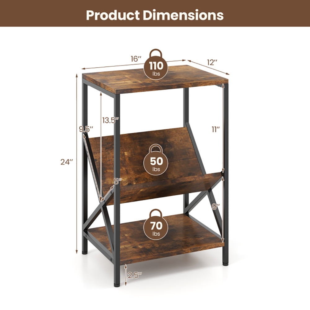 Finihen End Side Table, 3-Tier Industrial Side Table with V-shaped Bookshelf, Bed Side Tables, for Living Room, Bedroom, Rustic Brown Finihen End Side Table, 3-Tier Industrial Side Table with V-shaped Bookshelf, Bed Side Tables, for Living Room, Bedroom, Rustic Brown