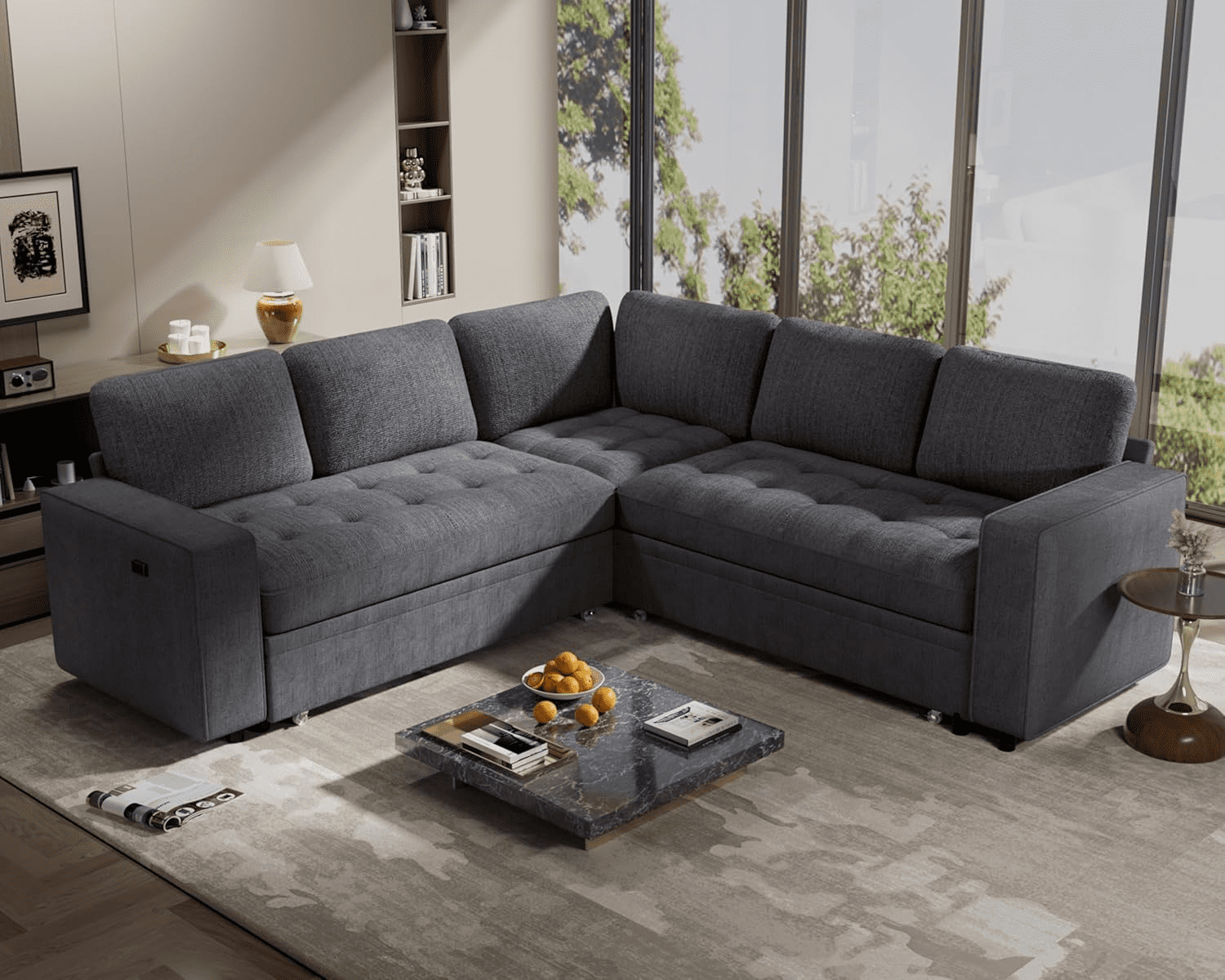Convertible L-Shaped Sleeper Sofa Bed for Living Room with Pullout Bed, Adjustable Backrest, USB Port and Storage Seat