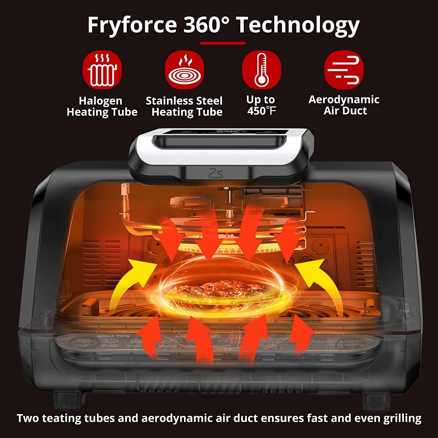 Towallmark Indoor Grill Air Fryer Combo with See-Through Window, 7-in-1 Smokeless Electric Air Grill up to 450F, 1750W Contact Grill with Non-Stick Removable Plates, Even Heat, Silicon Tongs as Gift