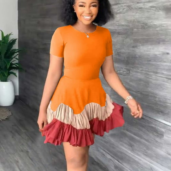 VKEKIEO Casual Dresses For Women Peplum Crew Neck Short Sleeve Printed Orange S