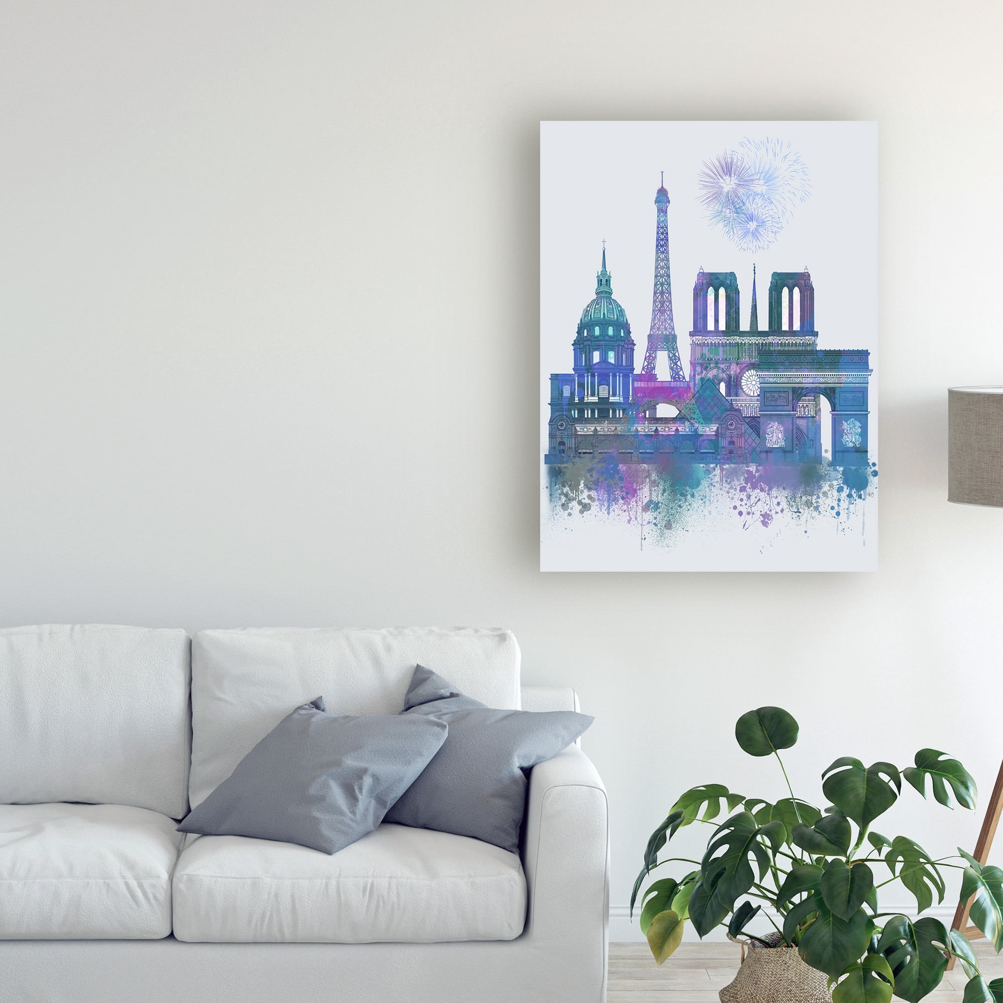 Trademark Fine Art 'Paris Skyline Watercolor Splash Blue' Canvas Art by Fab Funky
