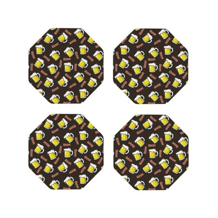 

Leather Coasters Set of 4 - Beer Bacon Print Lightweight Non-Slip Drink Coasters for Desk Anti-Scalding Desk Cup Coasters for Office Table Decor Octagon