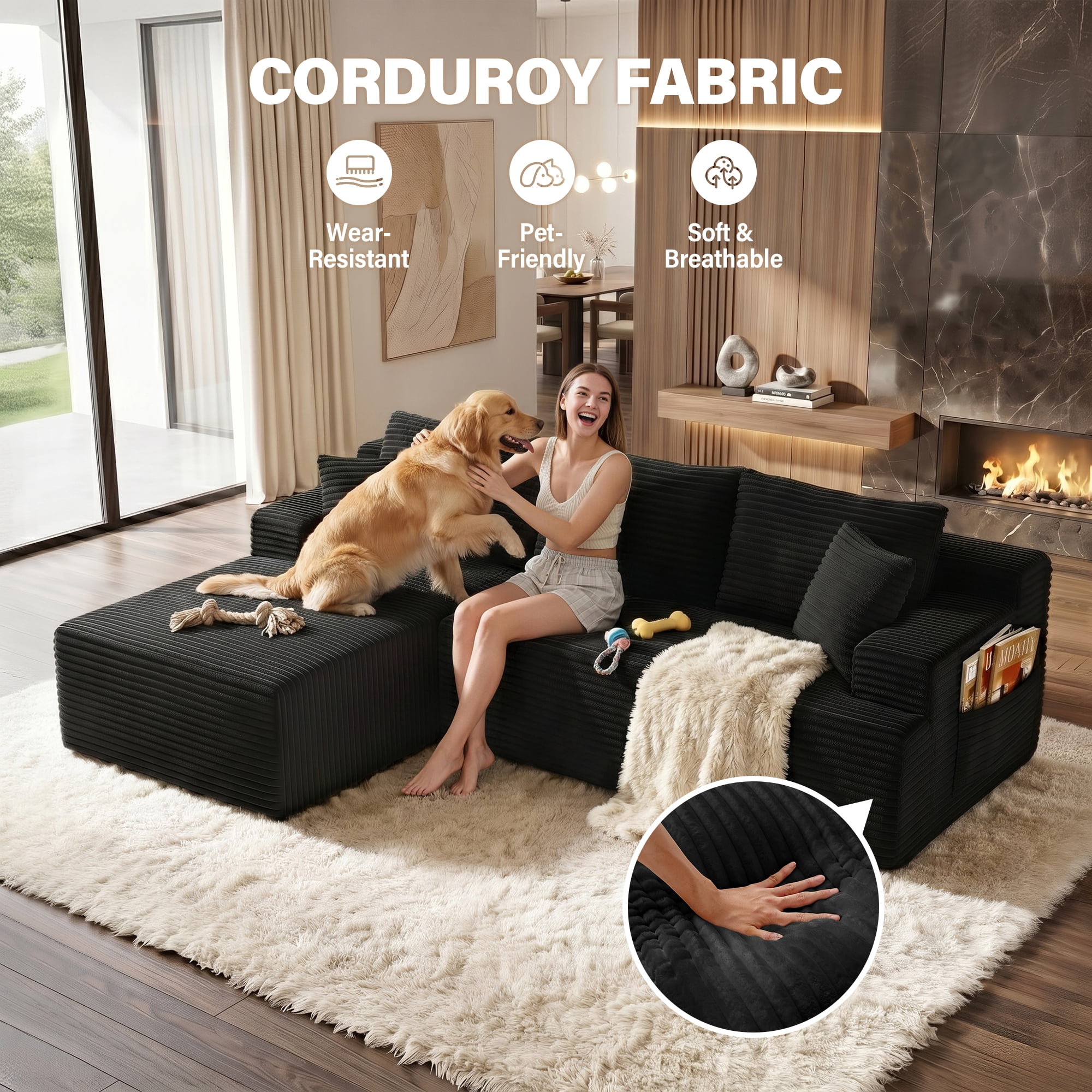 Aukfa 96" Cloud Sectional Couch, Modular L Shaped Boneless Sofa with Left Facing Chaise&2 Storage Pockets, Black