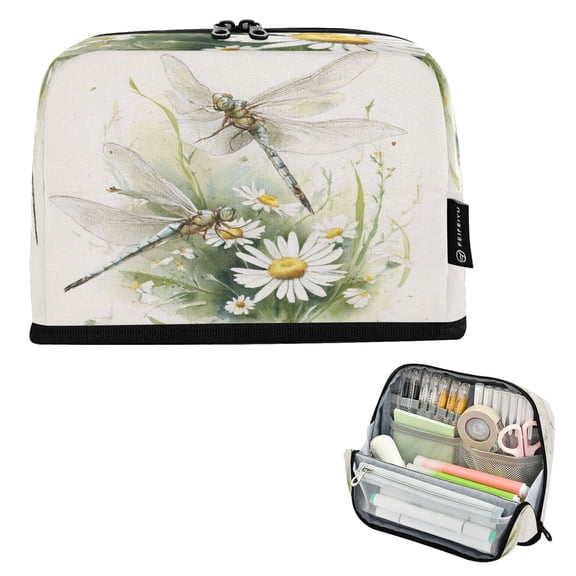 Standing Pencil Case with Base Large Capacity Stationery Pouch Pen Bag with Zipper for Women Men Dragonflies with White Daisies