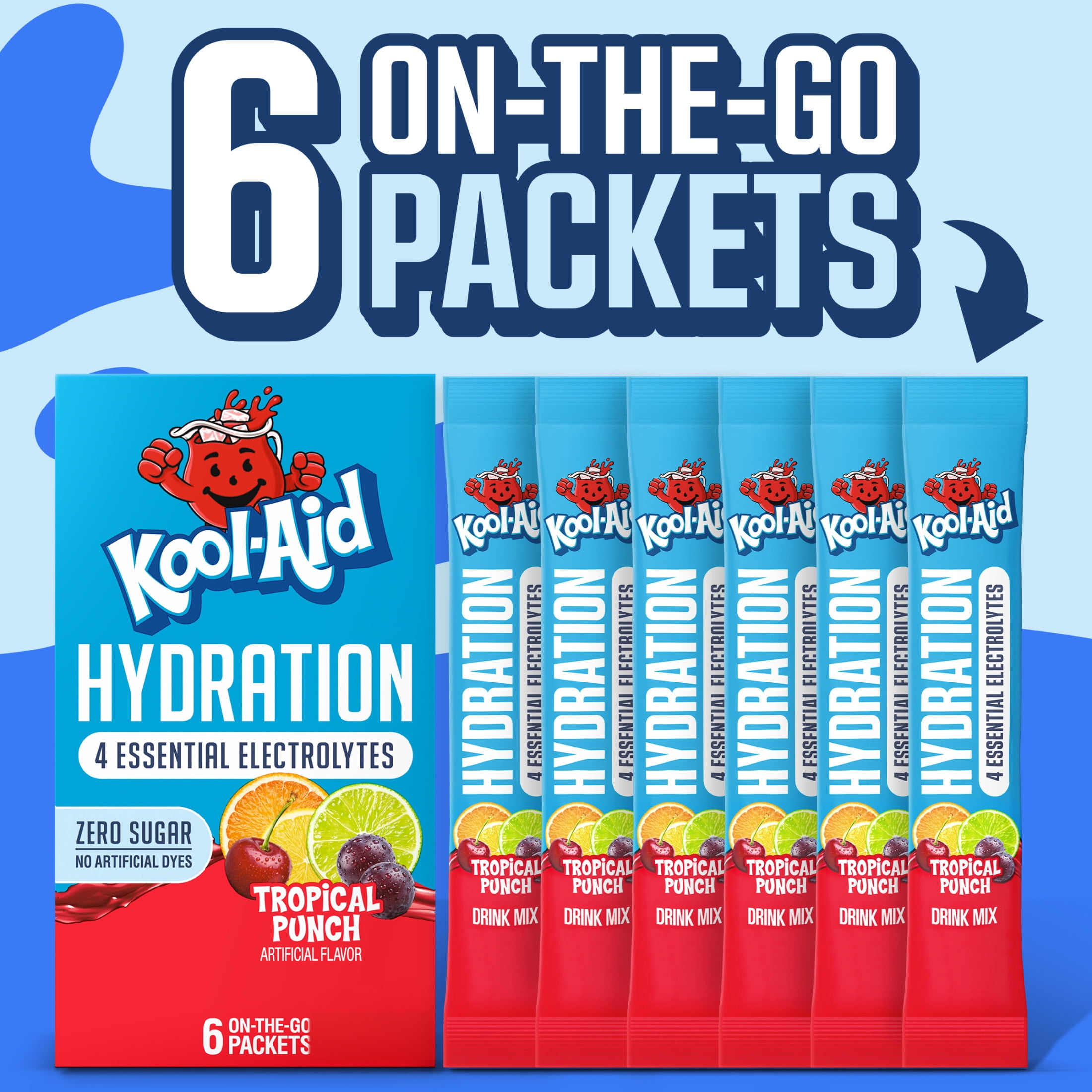 Kool-Aid Hydration Electrolyte Powder Drink Mix, 6 On-the-Go-Packets, for Easy and Flavorful Hydration, Tropical Punch Artificial Flavor, Zero Sugar, No Artificial Dyes, Low Calorie, 1.32 oz Box