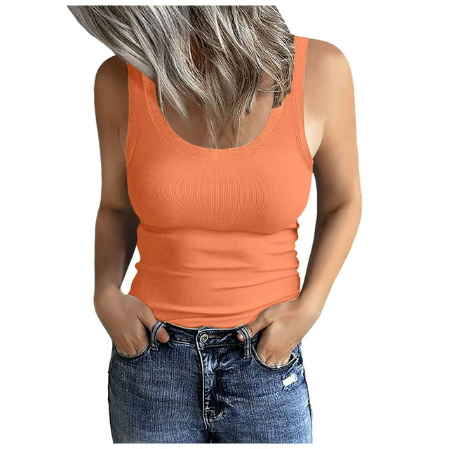 MIASHUI Women's Scoop Neck Sleeveless Ribbed Casual Tank Tops,Orange,XXL