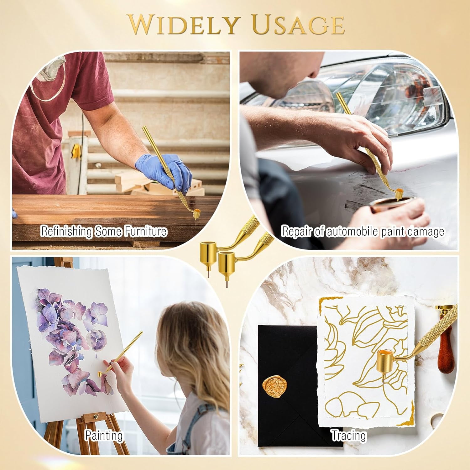 ABCISI 4 Pieces 0.5mm Detailing Fine Line Painting Pens, Gold Fluid Writer Paint Touch up Applicator Fine Line Pen for Rock Chips and Scratch Repair Tip Brass Construction