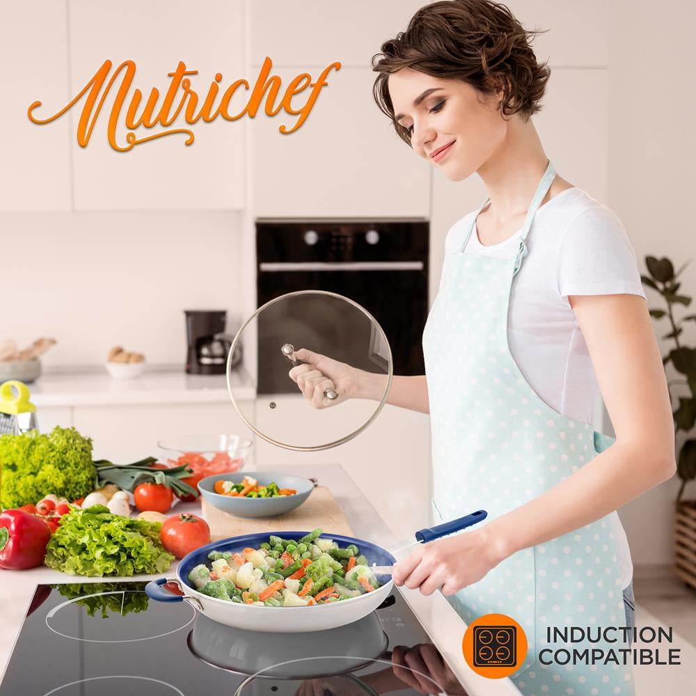 NutriChef 14.0 in Nonstick Skillet with Blue Silicone Handle and Ceramic Coating