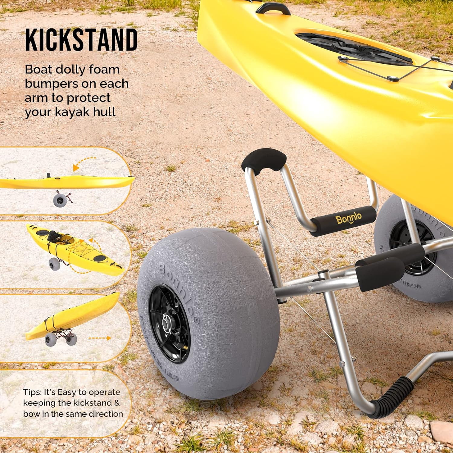 Bonnlo Kayak Beach Cart with Balloon Wheels Canoe Dolly Foldable Paddle Board Boat Cart CarrierTrolley Transport with 12" Big Balloon Wheels, Free Pump, 2 Ratchet Straps- Perfect for Soft Sand