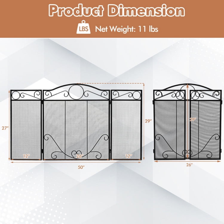 Kadyn Fireplace Screen, Fire Place Gate Protector, 3-Panel Freestanding Fireplace Screen Folded Fire Doors-Black