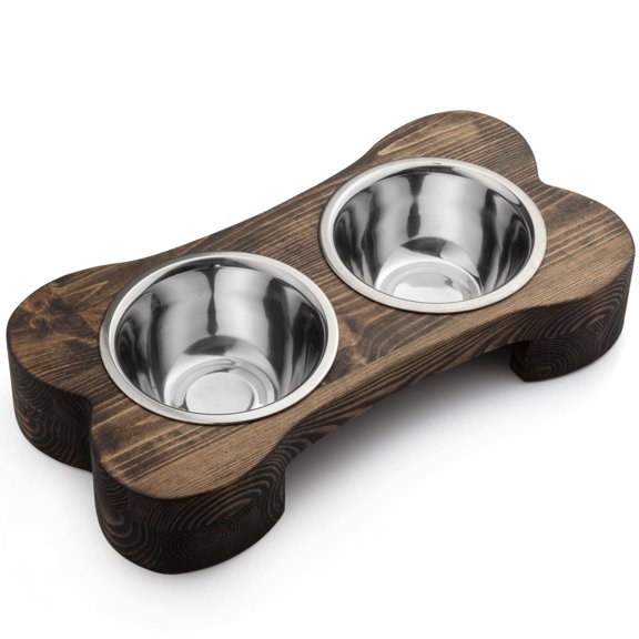 Pit stop Pet Food Bowls with Stand, Puppy Dog Feeding Bowls With Non-Skid Wooden Stand, Set of 2 Stainless Steel Food and Water Bowls for Dogs and Cats, Pine Wood Holder-Natural Wood Color-PET0007