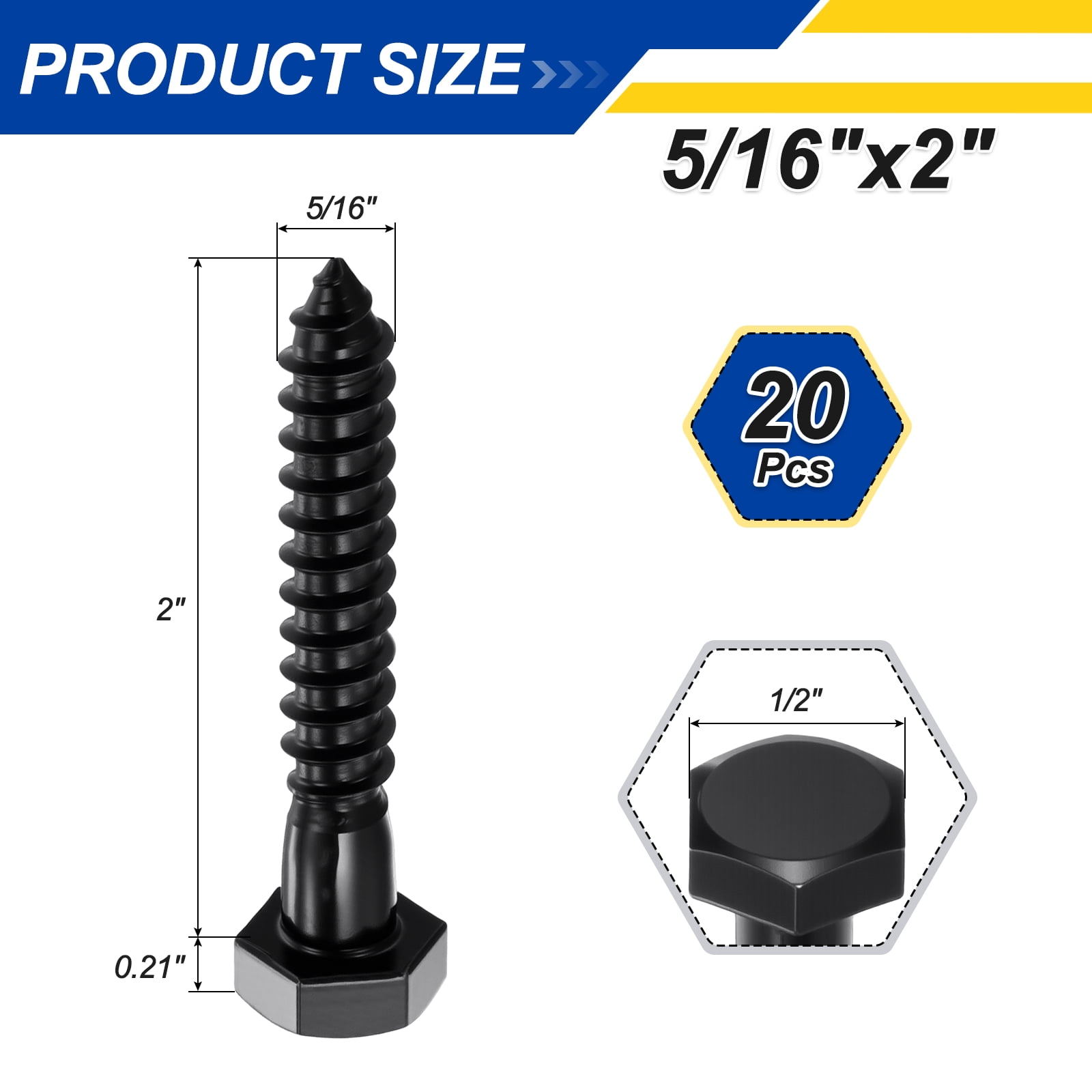 Uxcell 20 Pcs Hex Head Lag Screws - 5/16"x2" Stainless Steel 18-8 (304) Lag Bolts Hexagon Head Heavy Duty Wood Screws for Wood, Decks, Fences, Furniture, Black
