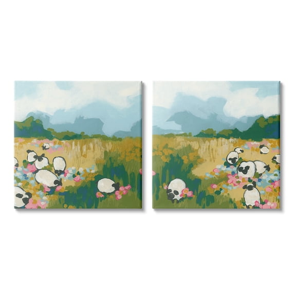 Stupell Industries Scattered Sheep in Field Landscape Painting Gallery Wrapped Canvas Art Print Wall Art, 17 x 17, Set of 2