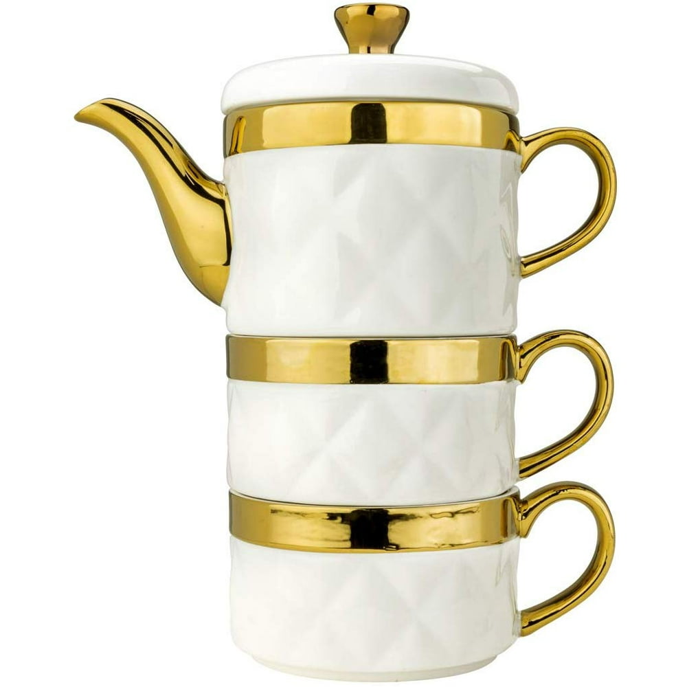 Yedi YCC734, Ceramic Tea For Two Set with Gold Design, Quilted