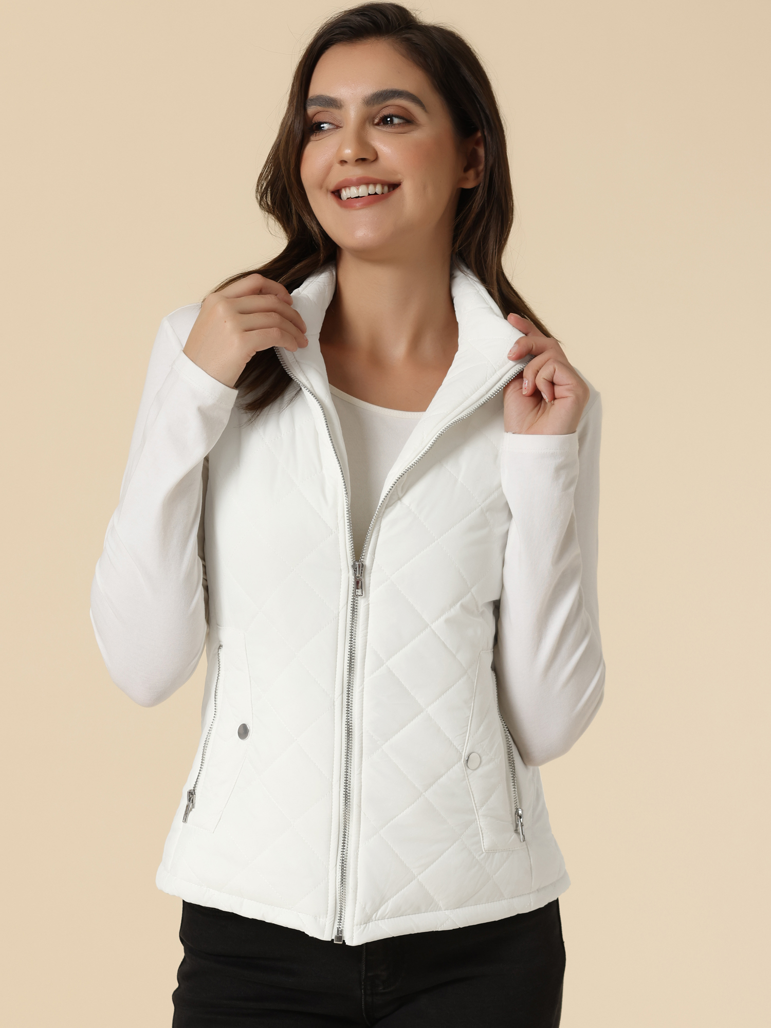 DARING DIVA Women's Zip Stand Collar Quilted Padded Vest XL Gray