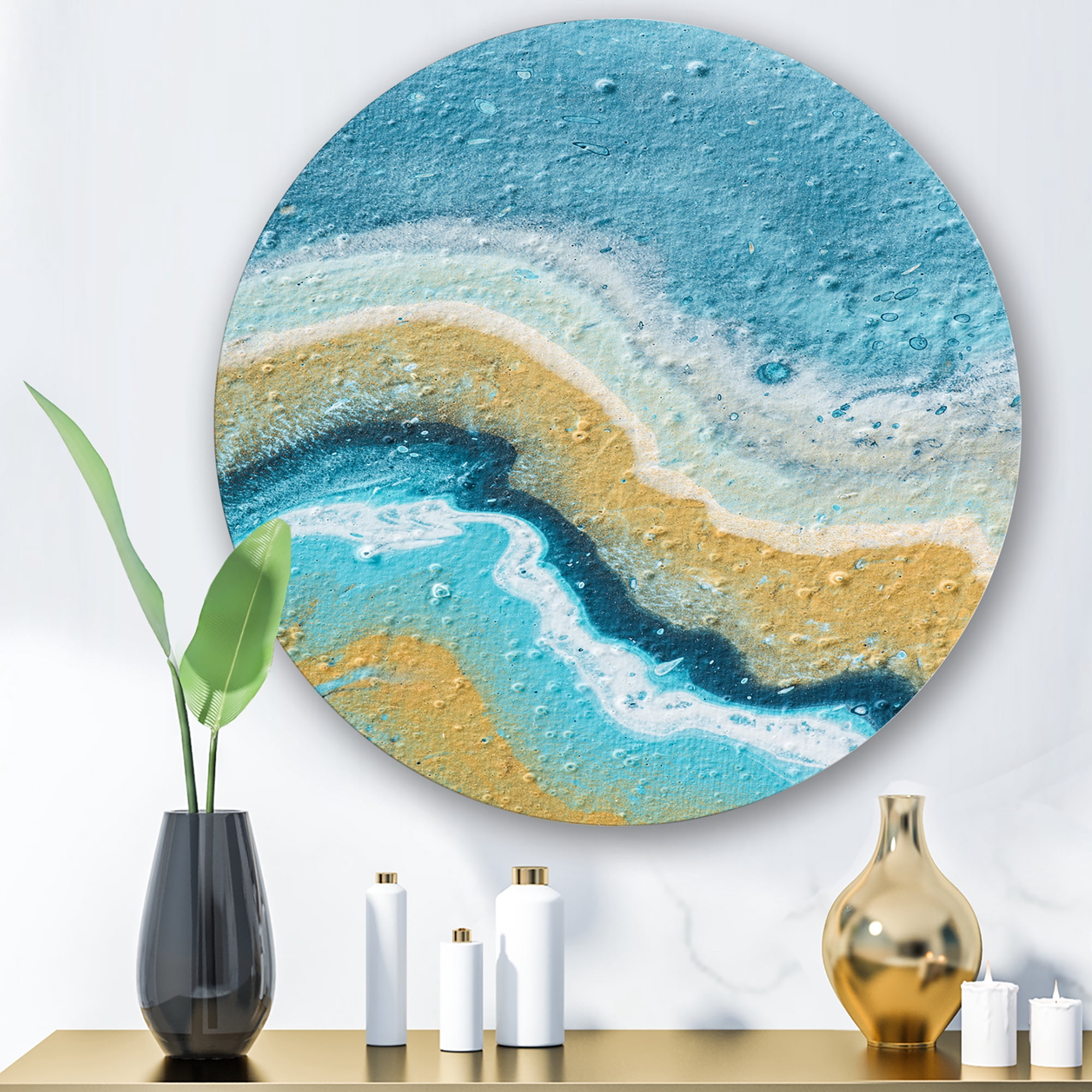 Designart 'Abstract Composition In Blue and Yellow VI' Modern Circle Metal Wall Art 23x23 - Disc of 23