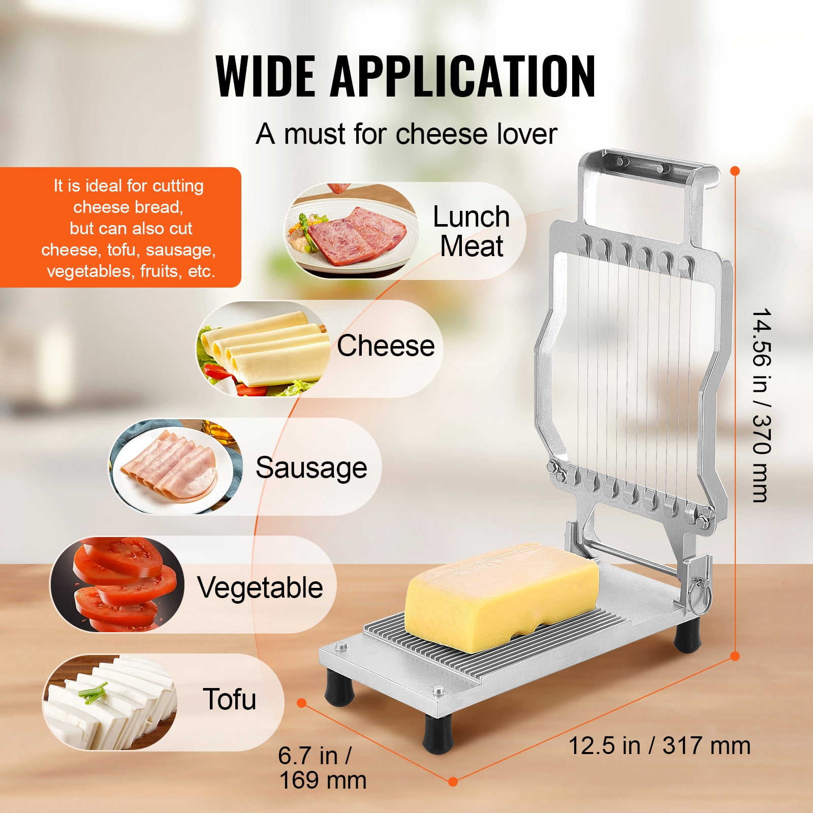 KFFKFF Cheese Slicer with Adjustable Wires, Includes Thin 0.39'' & Thick 0.78'' Cutting Options, Easy-to-Detach Aluminum Alloy Frame, Equipped with Durable 316 Stainless Steel Wires for Kitchen Use