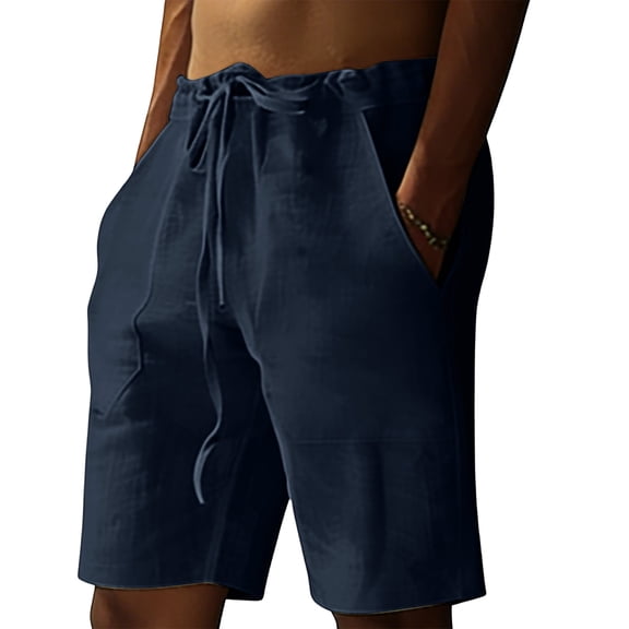 Linen Cotton Shorts for Men Elastic Waist Drawstring Shorts with Pockets Flat Front Linen Shorts Cotton Linen Casual Summer Beach Vacation Wear,Blue XL