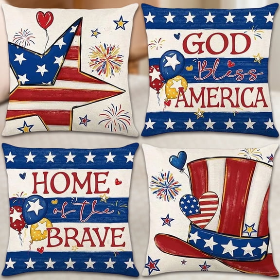 Cififendec 4th of July Patriotic Throw Pillow Covers Set of 4, 17.72", Stars and Stripes Printed Cushion Cases, Independence Day Decorative Pillowcases for Sofa, Couch