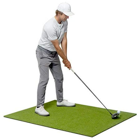 GoSports Golf Hitting Mat  5x4 Artificial Turf Mat for Indoor/Outdoor Practice  Includes 3 Rubber Tees, Green