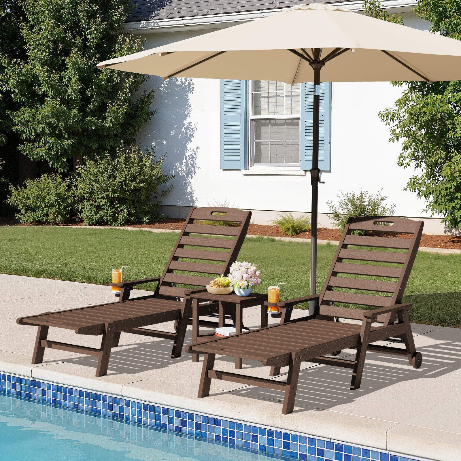 LOYALICE Adjustable Wheeled HDPE Plastic Outdoor Patio Lounge Chair W/ Cup Holder,78.3"x25.1"x16.3", Brown