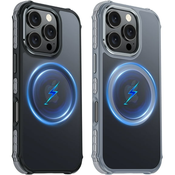 2 Pack Magnetic Case for iPhone 16 Pro, Translucent Matte Back Slim Shockproof Case for iPhone 16 Pro 6.3 inches - Black Grey