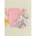 thumbnail image 4 of Suealasg Baby Girl 3 Piece Summer Beach Clothes Set Short Sleeve Letter Print Romper Tops + Floral Skirt Shorts +Headband Newborn Girls Father's Day Outfits, 4 of 9