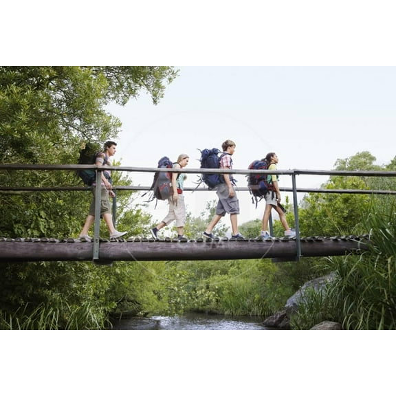 Teenage Boys and Girls with Backpacks Walking on Bridge in Forest, Unframed Photographic Print Wall Art by Nosnibor137 Sold by Art.Com