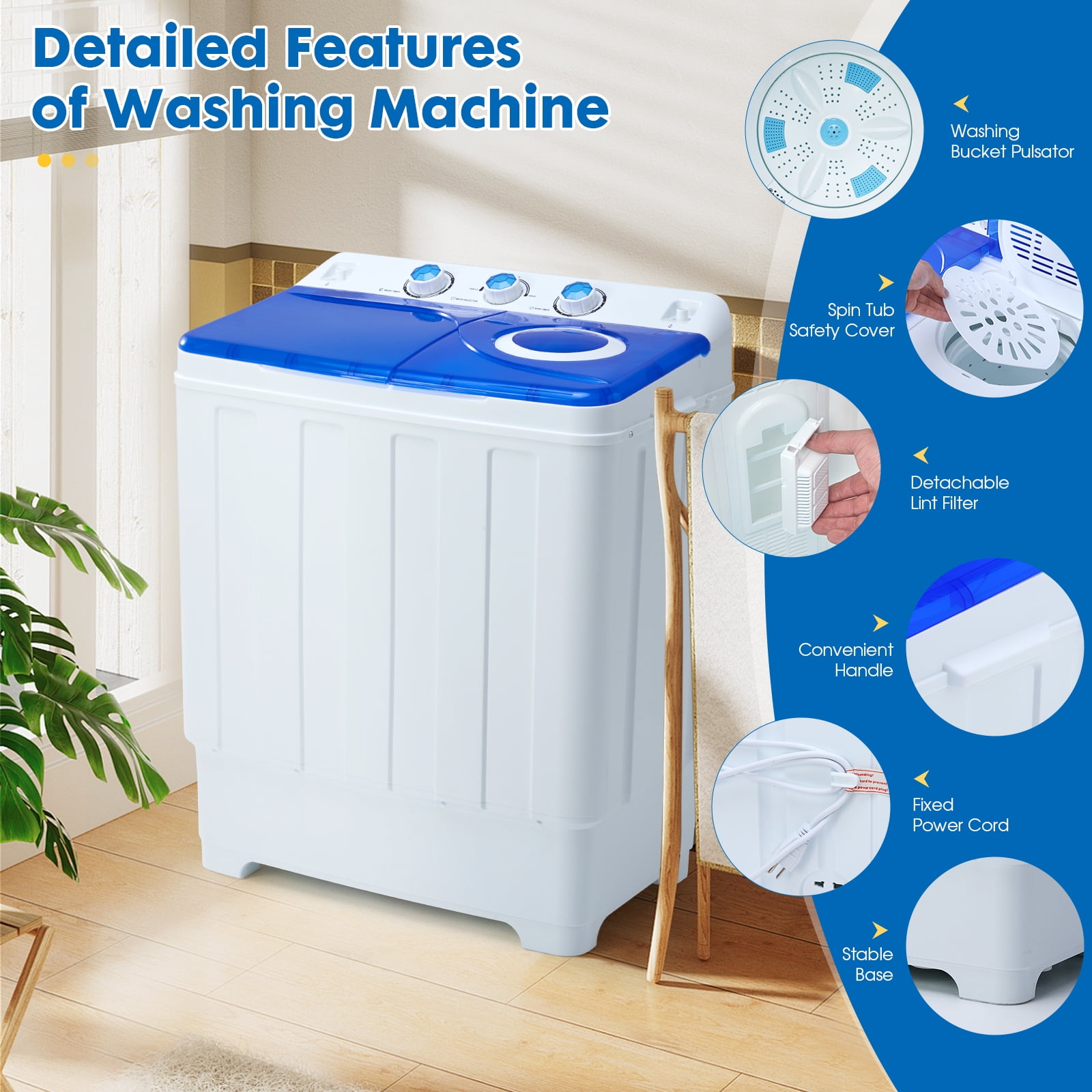 Dawmilon Portable Twin Tub Washing Machine, 28 lb Capacity with Drain Pump, Compact Washer for Apartments, Dorms & RVs, Blue