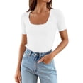 thumbnail image 3 of Lixiuxyad Women Short Sleeve Square Neck T Shirts Summer Slim Fitted Ribbed Knit Basic Casual Tee Tops Trendy Casual,White M, 3 of 7