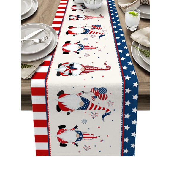 Gnomes with American Star Flag Welcome Table Runner 36 Inches, Independence Red Stripes Star Lace Bed Runner Dresser Scarves Tabletop for Indoor Outdoor Parties/Ceremony/Banquet, 13"x 36"