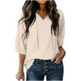 thumbnail image 2 of CFLVAEK Waffle Knit Tops for Women Loose Fit Eyelet 3/4 Sleeve Blouses Casual V Neck Pullover Tops Solid Color Going Out Vcation Shirts Beige XXL, 2 of 9