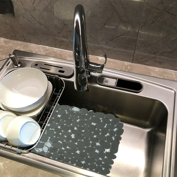Tapete de cocina antideslizante de PVC con diseño de piedra | Tapete escurridor de platos | Protector de fregadero para cuencos y cubiertos | 30 x 40 cm, negro, gris y blanco
