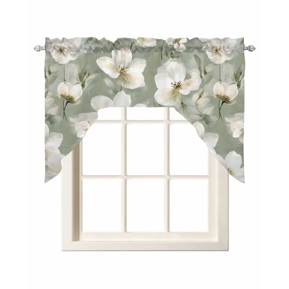 Sage Green Spring Floral Swag Valance for Windows, Summer Botanical Flower Curtains Valance for Kitchen Living Room Bedroom Bathroom, Light Filtering Swag Valances Drape 56''x36''