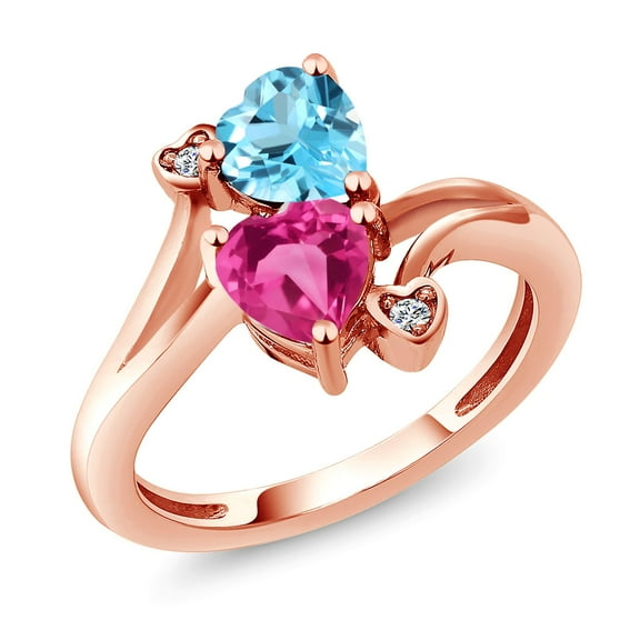 Gem Stone King 18K Rose Gold Plated Silver Swiss Blue Topaz Pink Created Sapphire and White Lab Grown Diamond Ring for Women (1.78 Cttw, Heart Shape 6MM, Gemstone Birthstone, Size 8)