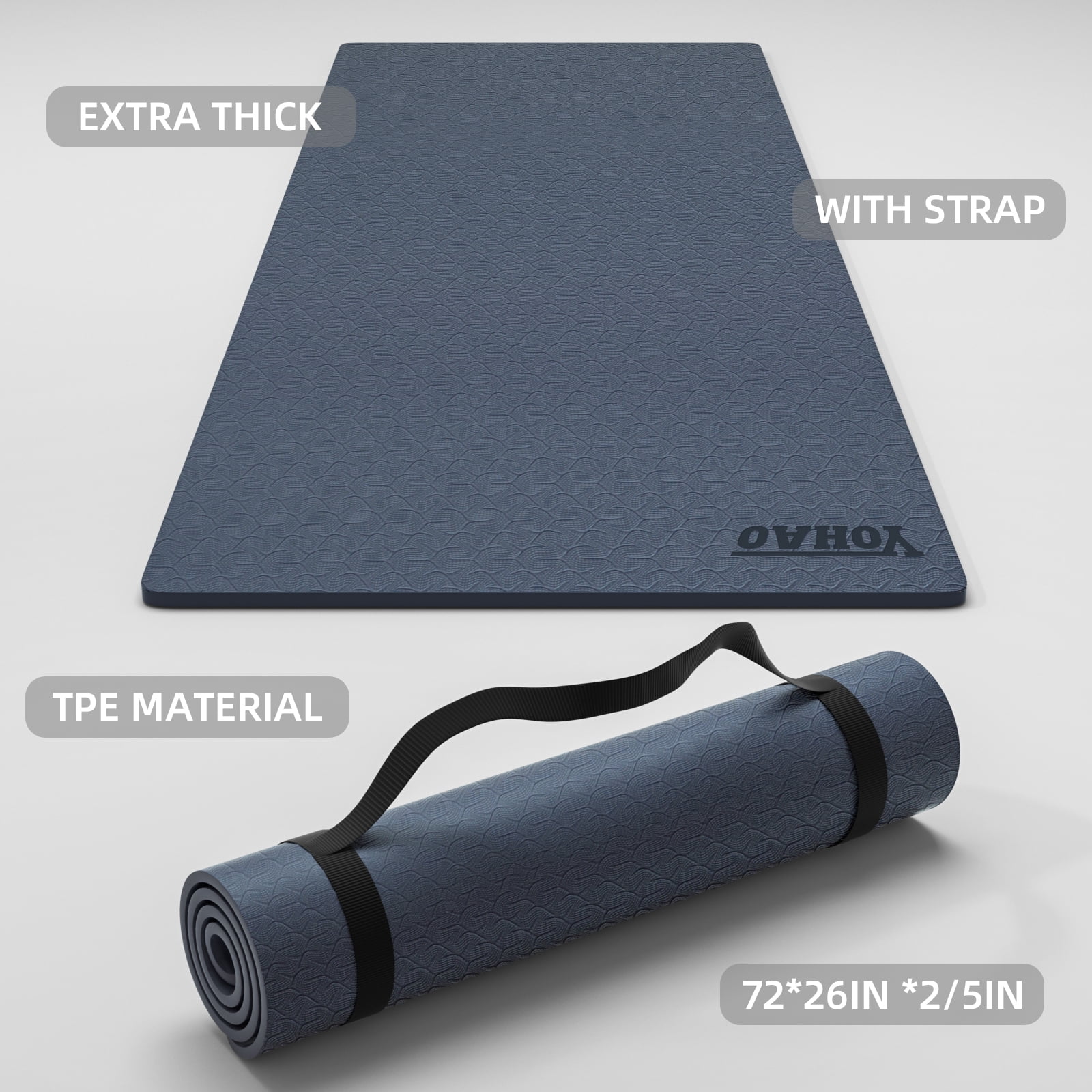 YOHAO Yoga Mat 10mm Thick,72"×26",Non-Slip Eco TPE,Strap included for Travel,Pilates and Fitness Workout(Purplish Blue)