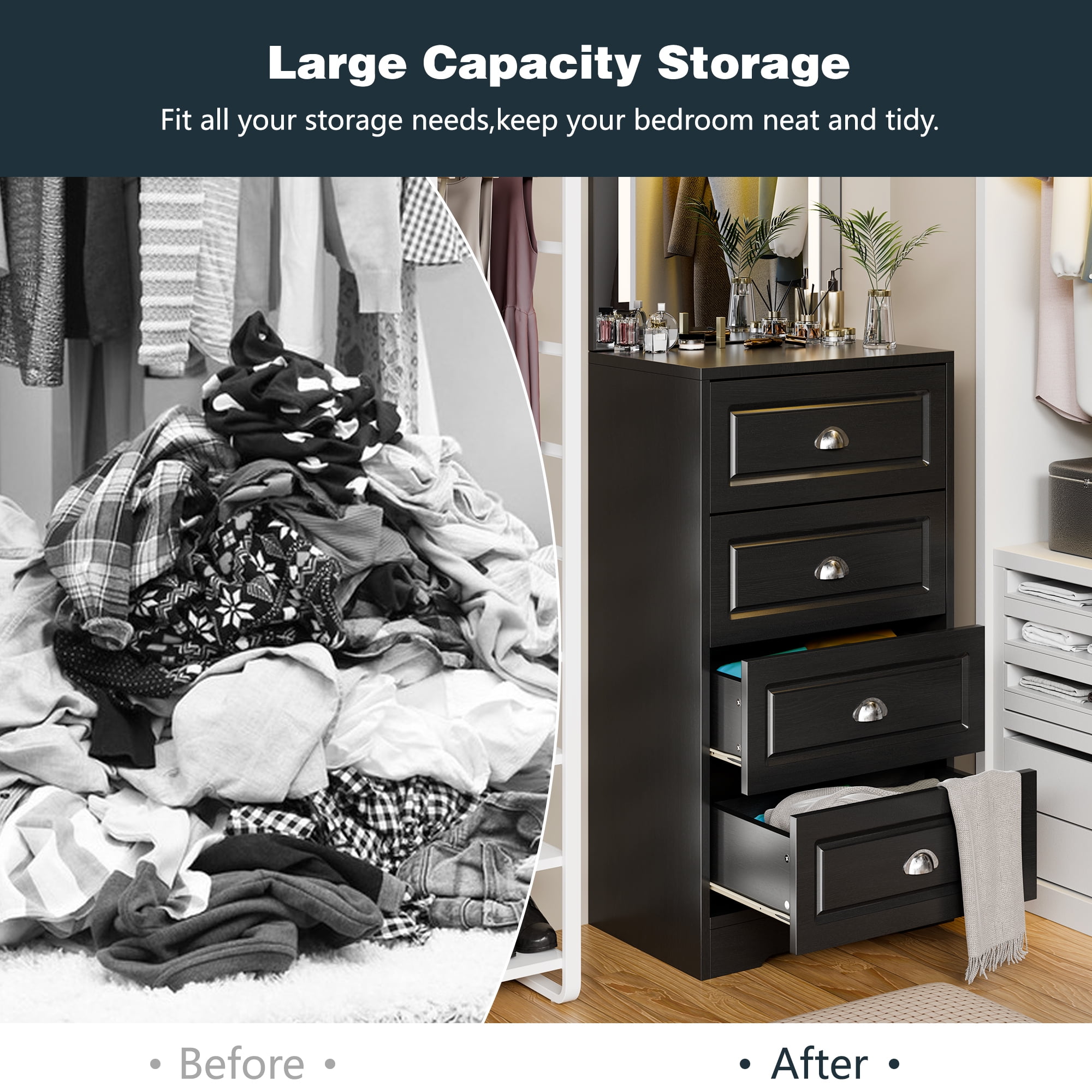Walsunny 4 Drawer Dresser for Bedroom, Modern Wood Chest of Handle-Drawers, Storage Cabinet Organizer, Wooden Dresser for Bedroom Living Room Closet Entryway, Black