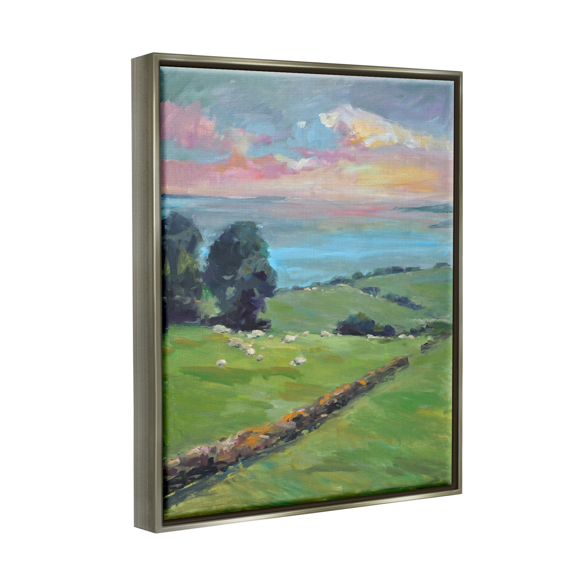 Stupell Industries Country Rural Grasslands Striking Pink Sunset Sky Painting Luster Gray Floating Framed Canvas Print Wall Art, Design by Allayn Stevens