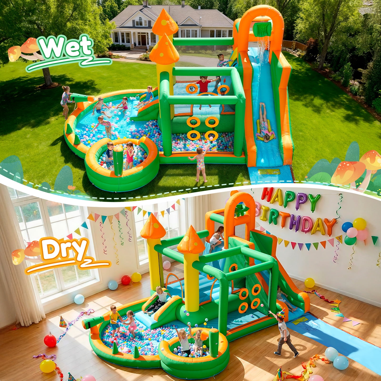 Giant 10 in 1 Inflatable Water Slide with Extended Water Slide, 342"x103"x193" Bounce House with 650 Blower, Ball Shooting, Ring Toss, Deep Pool, Water Bucket, for Kids 3-10